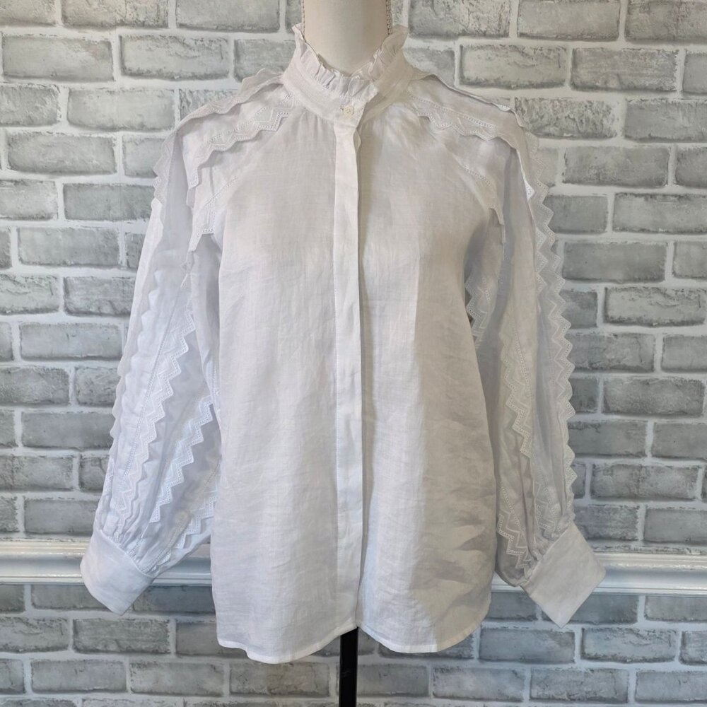SEA New York White Zig Zag Lace Blouse Top 6 Romantic Quiet Luxury Long Sleeve